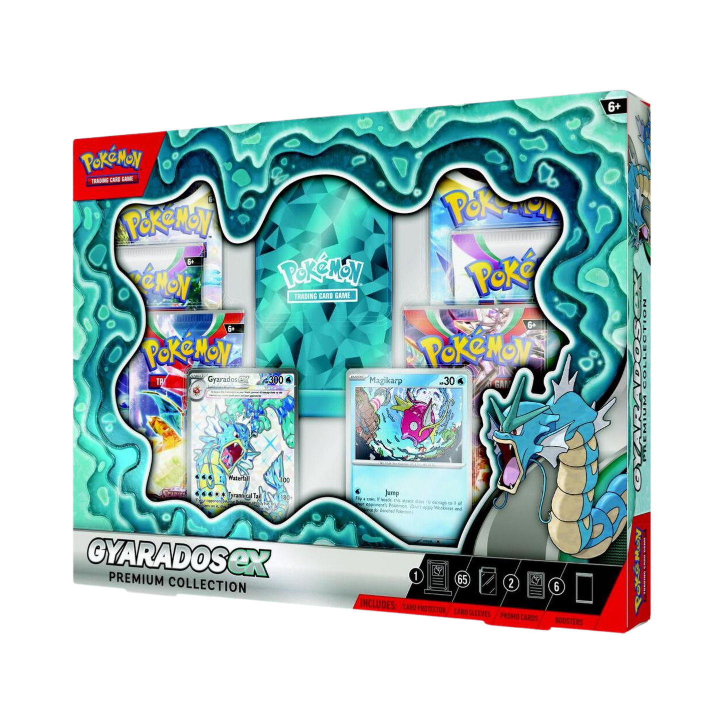 Sealed Pokémon Gyarados ex Premium Collection with foil Gyarados ex promo, Magikarp card, booster packs, sleeves, and magnetic card display case