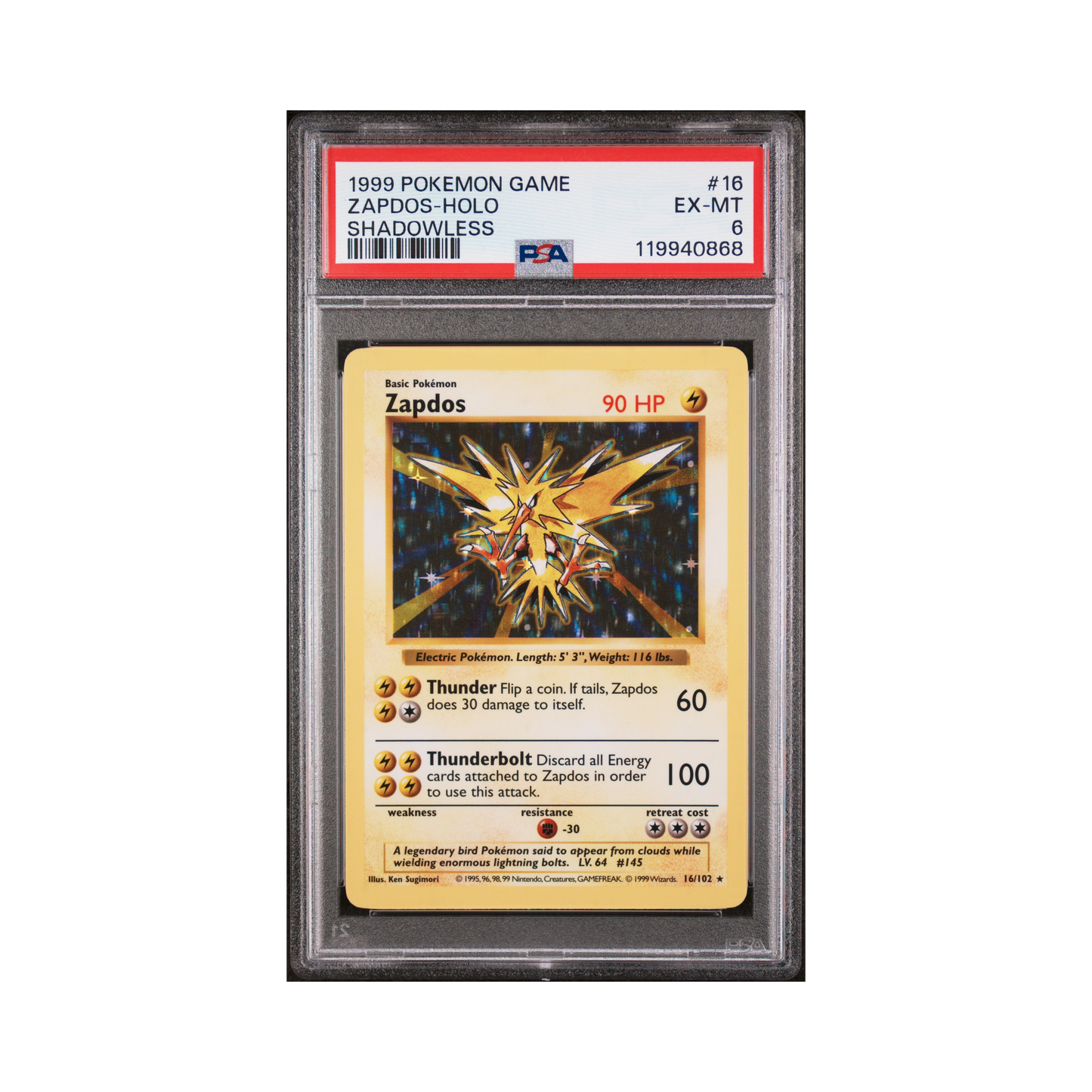 1999 Pokemon Game Zapdos Shadowless #16 PSA 6