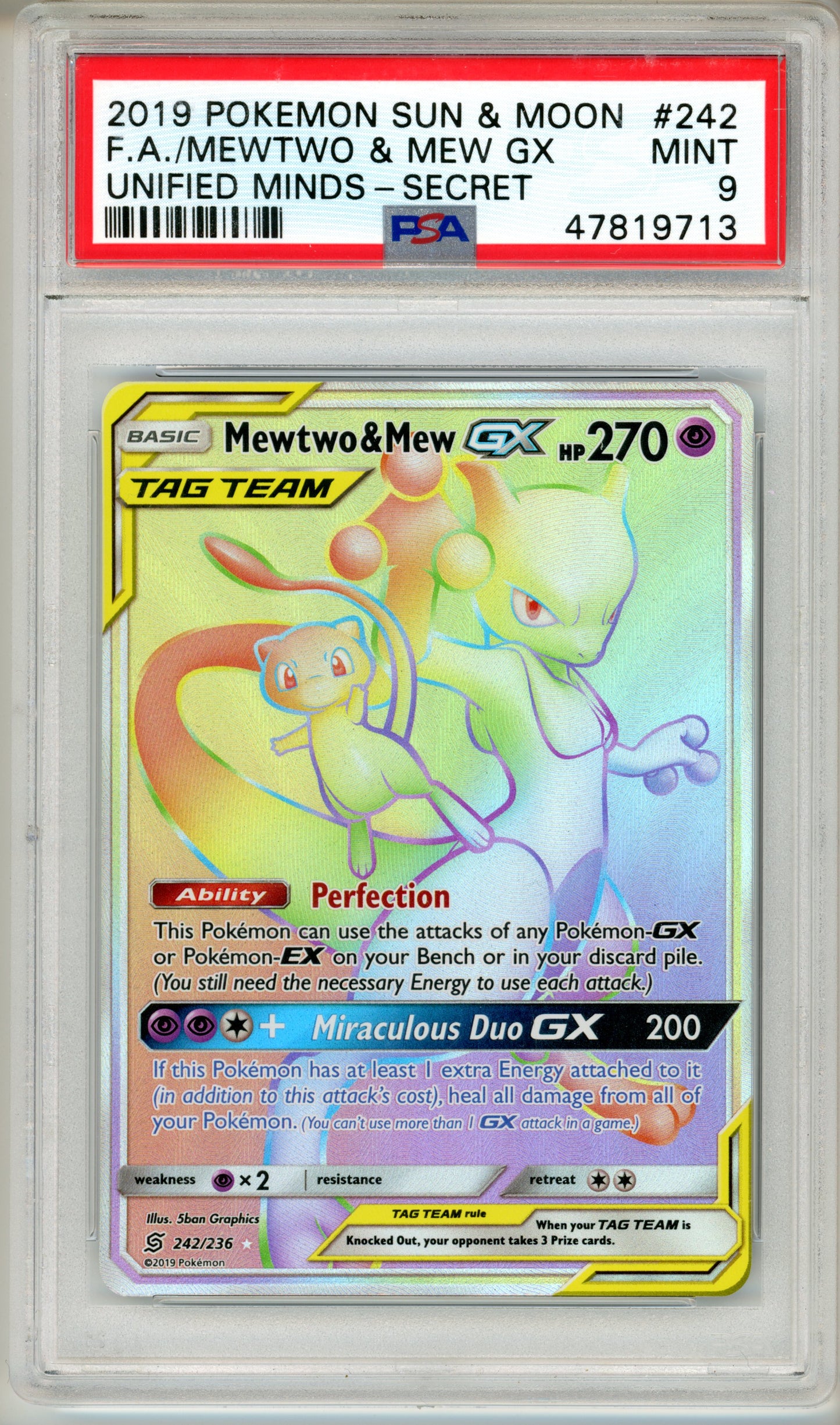 2019 Pokemon Unified Minds Mewtwo & Mew-GX #242 PSA 9