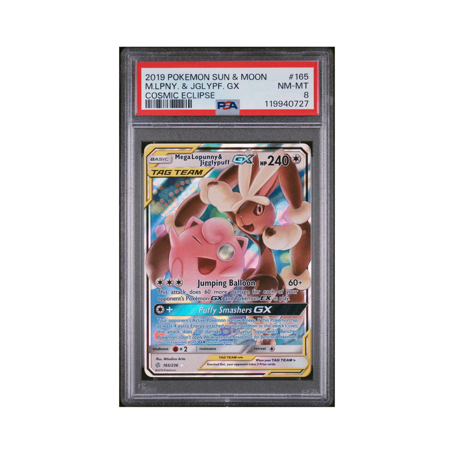 2019 Pokemon Sun & Moon Cosmic Eclipse Mega Lopunny & Jigglypuff GX #165 PSA 8