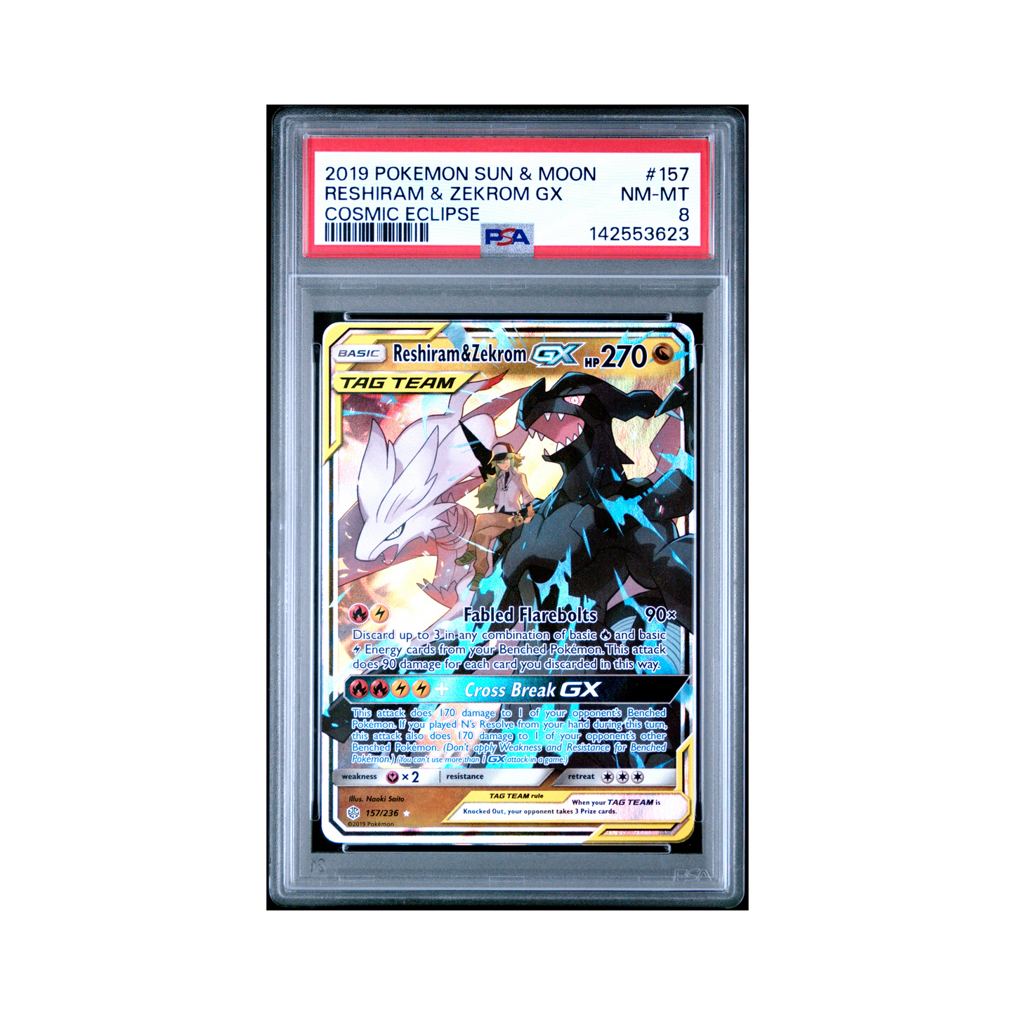 2019 Pokemon Sun & Moon Cosmic Eclipse Reshiram & Zekrom GX #157 PSA 8