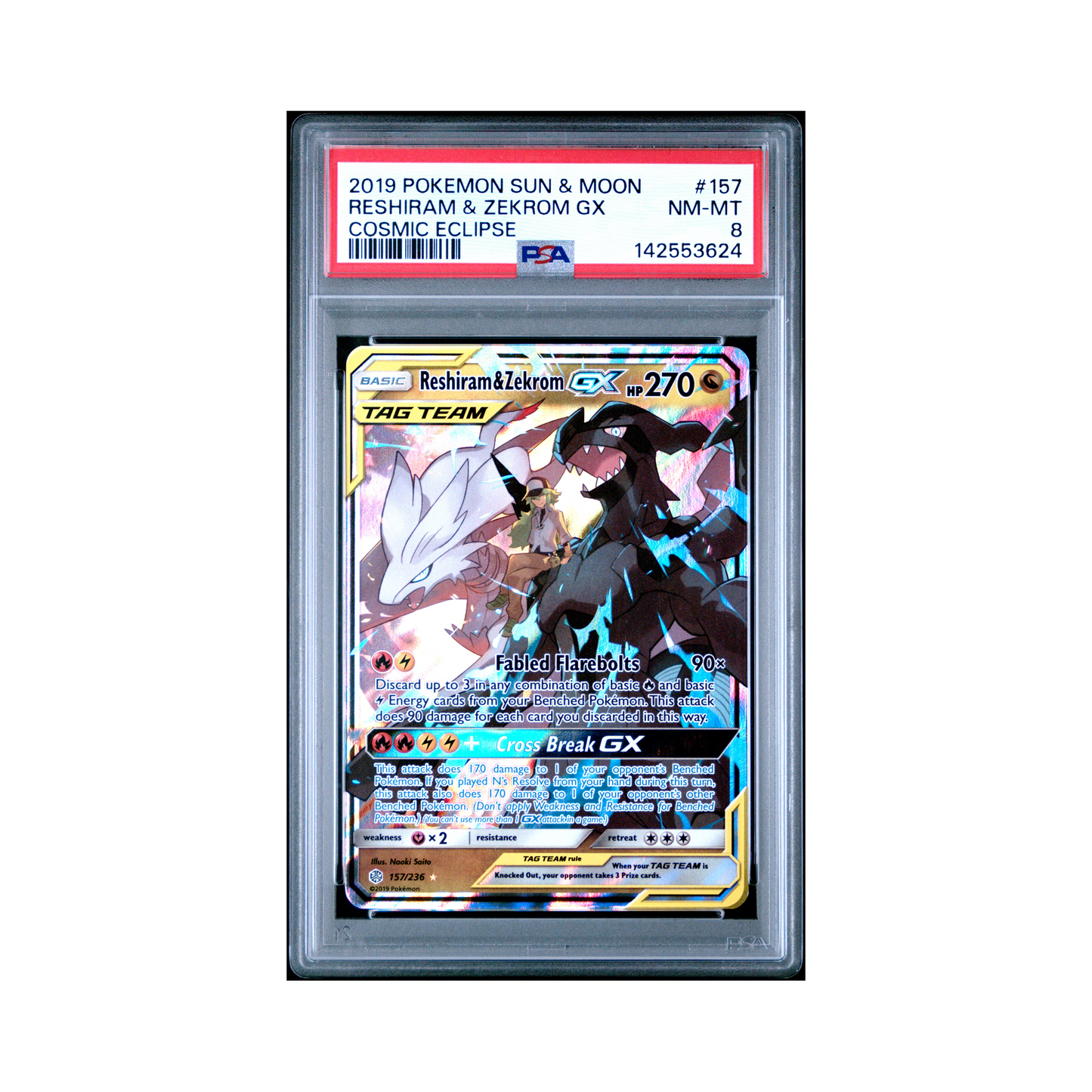2019 Pokemon Sun & Moon Cosmic Eclipse Reshiram & Zekrom GX #157 PSA 8