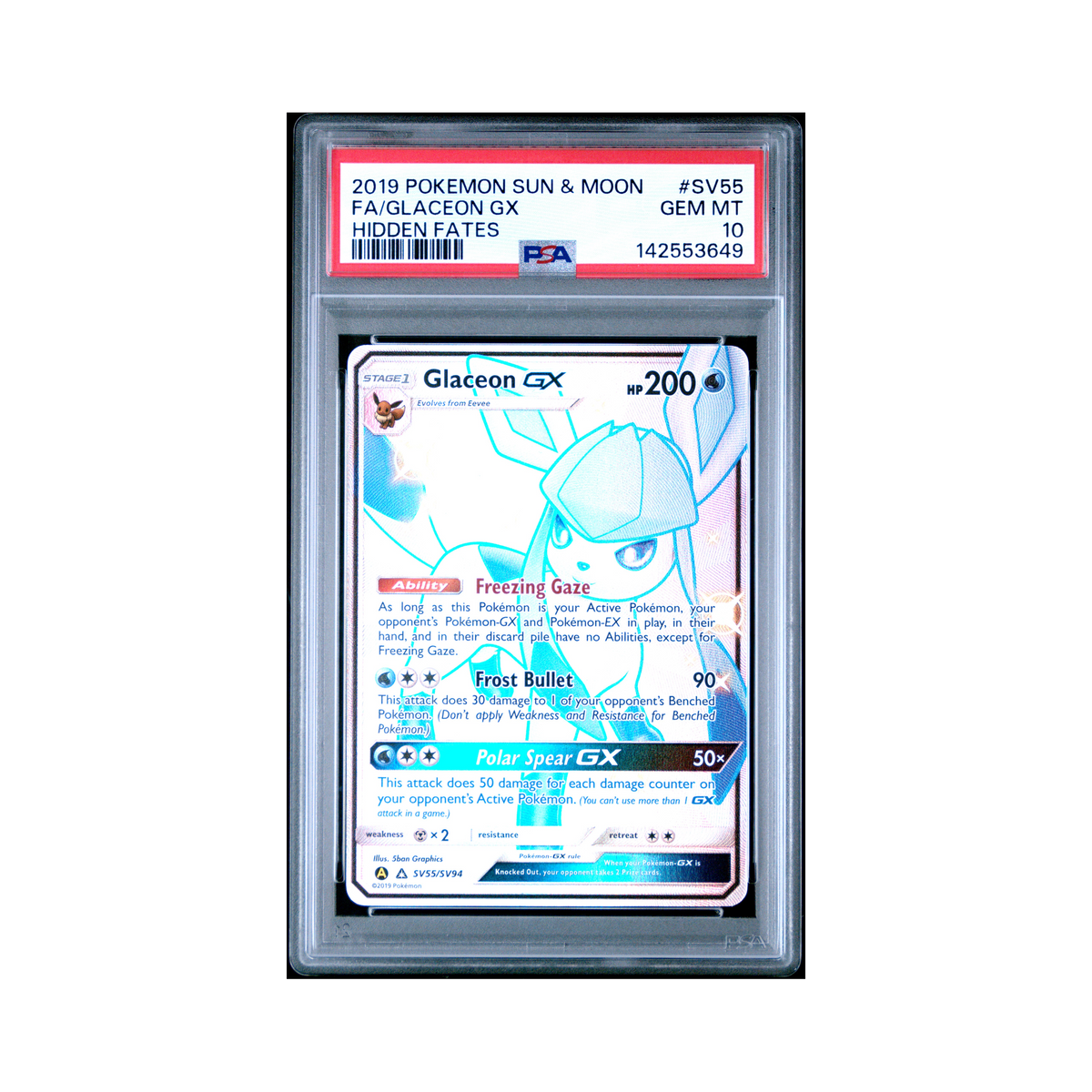 2019 Pokemon Sun & Moon Hidden Fates Glaceon GX #SV55 PSA 10