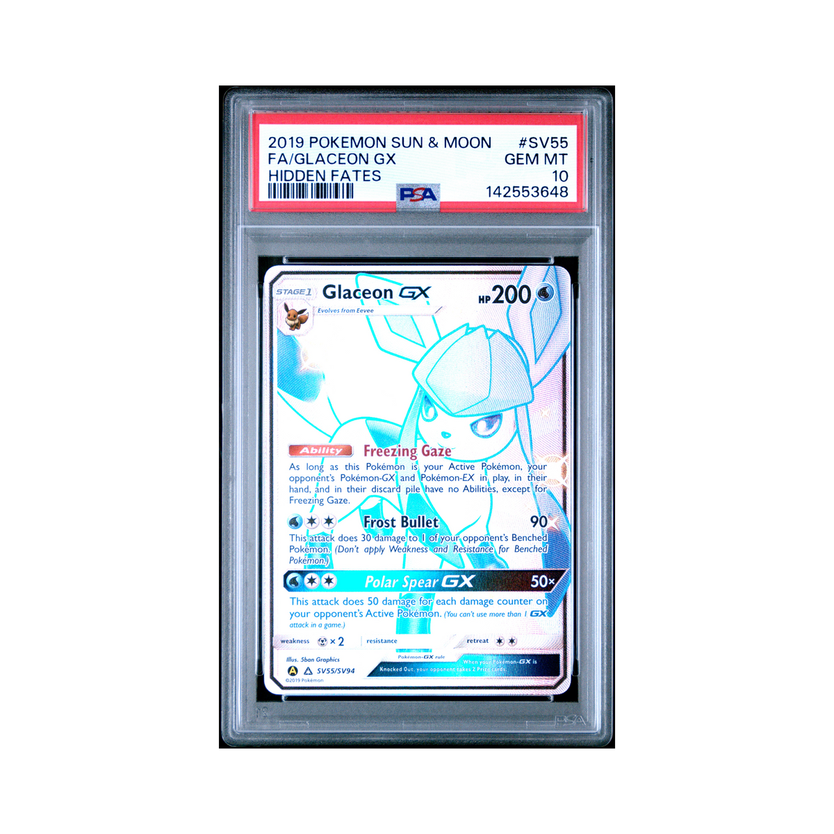 2019 Pokemon Sun & Moon Hidden Fates Glaceon GX #SV55 PSA 10