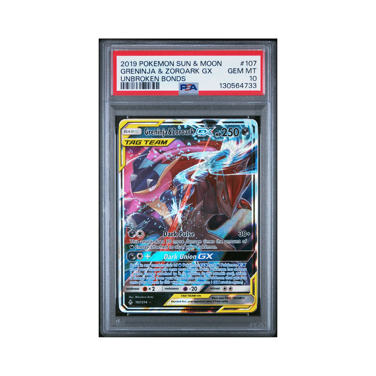 2019 Pokemon Sun & Moon Unbroken Bonds Greninja & Zoroark GX #107 PSA 10