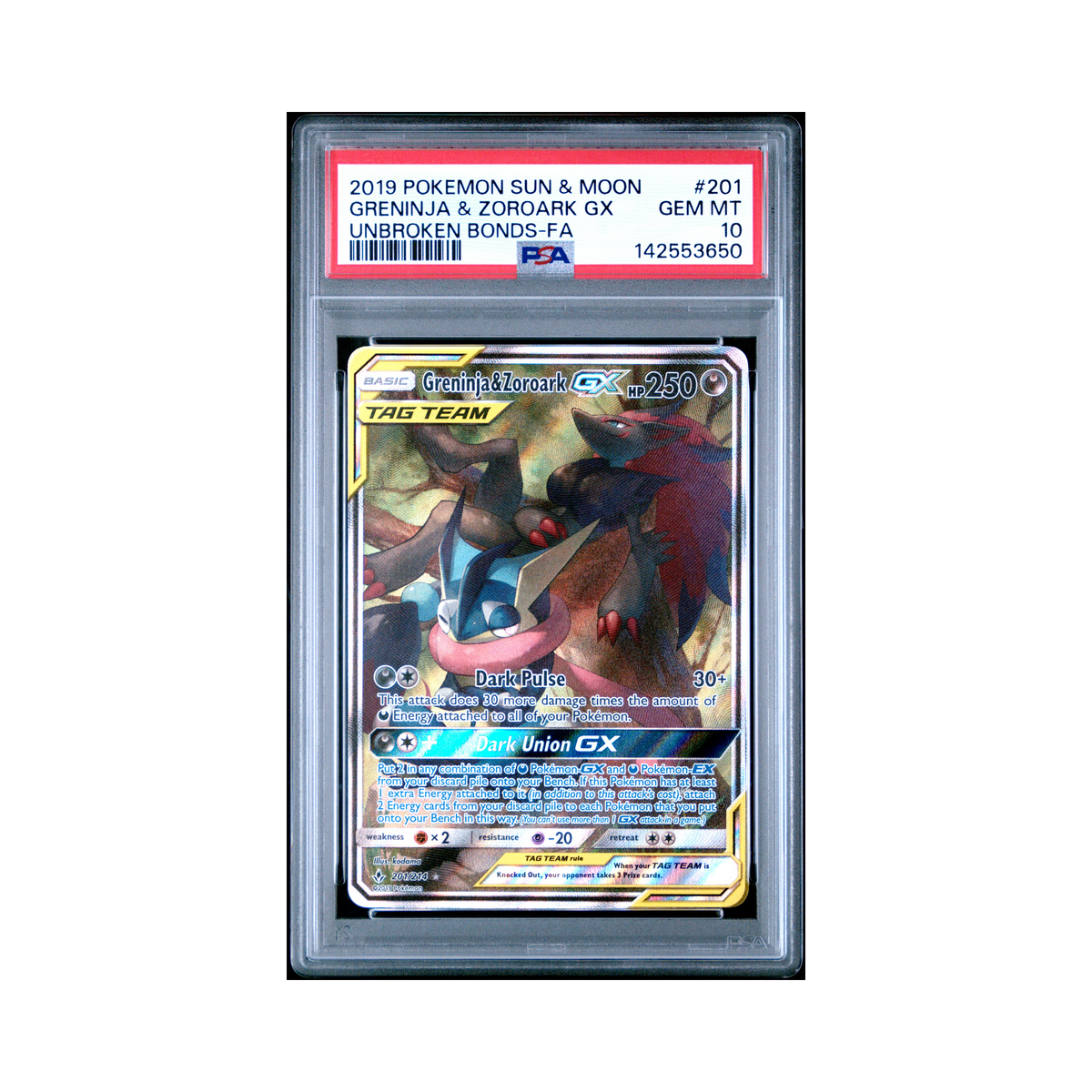 2019 Pokemon Sun & Moon Unbroken Bonds Greninja & Zoroark GX #201 PSA 10