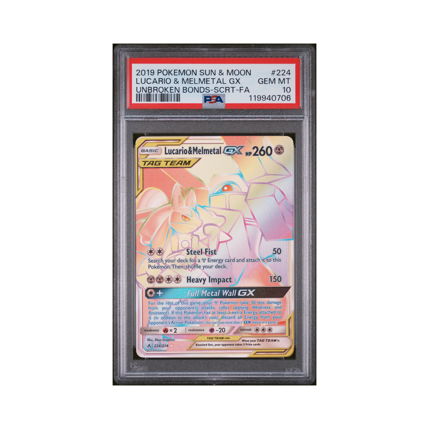 2019 Pokemon Sun & Moon Unbroken Bonds Lucario & Melmetal GX #224 PSA 10