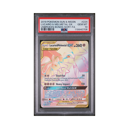 2019 Pokemon Sun & Moon Unbroken Bonds Lucario & Melmetal GX #224 PSA 10