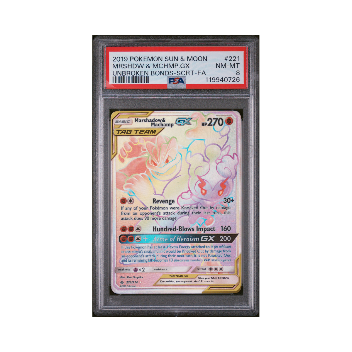 2019 Pokemon Sun & Moon Unbroken Bonds Marshadow & Machmp GX #221 PSA 8