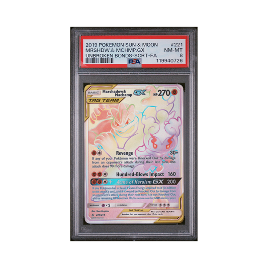 2019 Pokemon Sun & Moon Unbroken Bonds Marshadow & Machmp GX #221 PSA 8