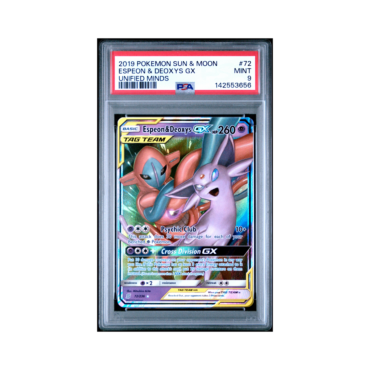 2019 Pokemon Sun & Moon Unified Minds Espeon & Deoxys GX #72 PSA 9