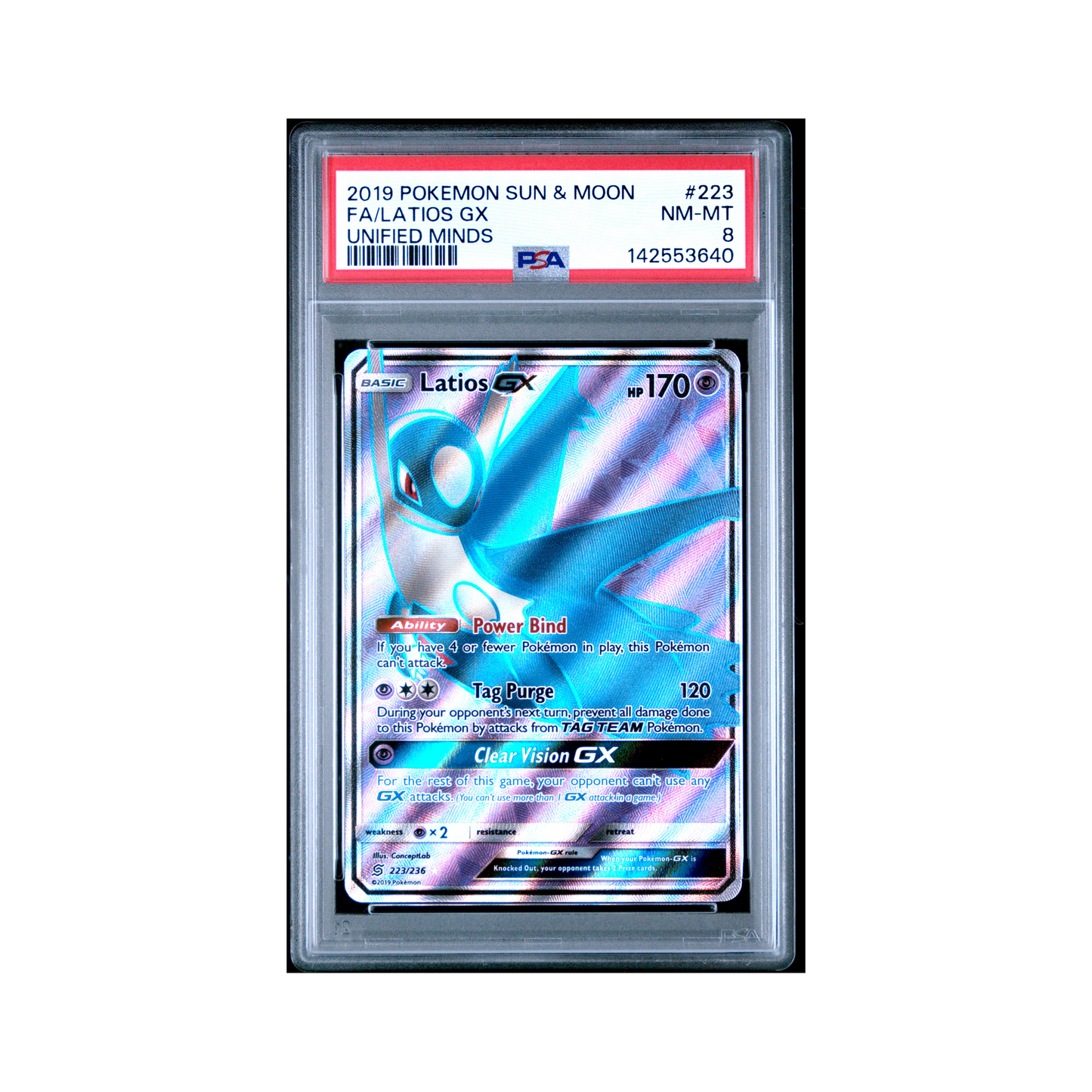 2019 Pokemon Sun & Moon Unified Minds Latios GX #223 PSA 8