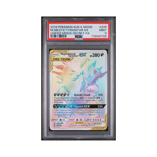 2019 Pokemon Sun & Moon Unified Minds Mega Sableye & Tyranitar GX #245 PSA 9
