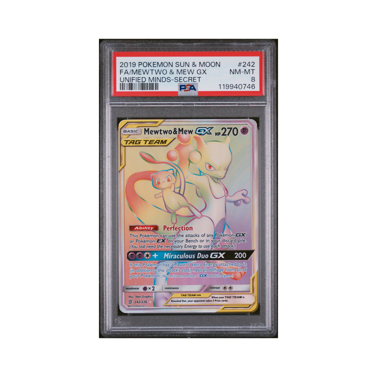 2019 Pokemon Sun & Moon Unified Minds Mewtwo & Mew GX #242 PSA 8