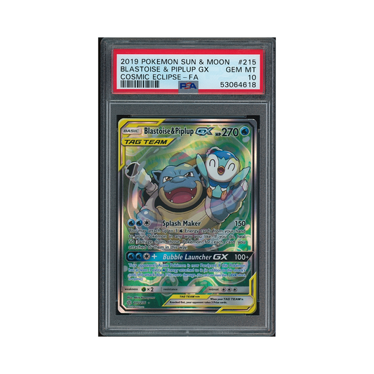 2019 Pokemon Sun & Moon Cosmic Eclipse Blastoise & Piplup GX #215 PSA 10