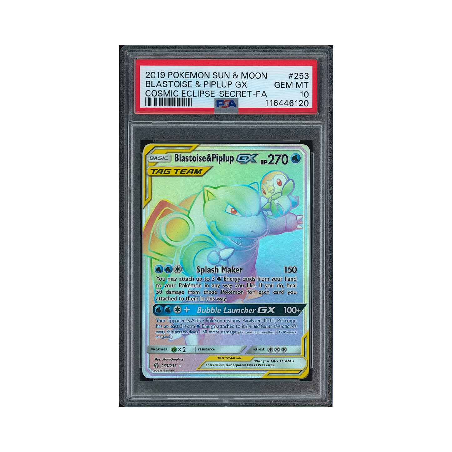 2019 Pokemon Sun & Moon Cosmic Eclipse Blastoise & Piplup GX #253 PSA 10