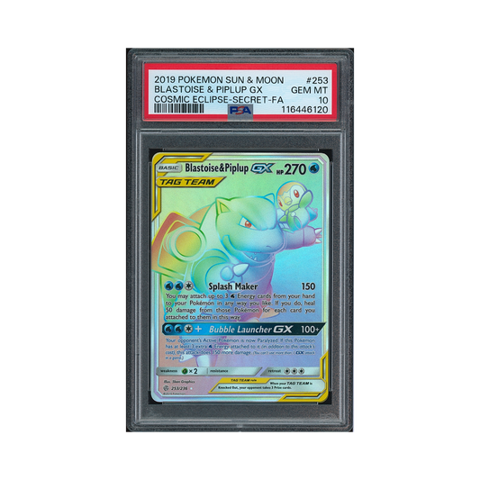 2019 Pokemon Sun & Moon Cosmic Eclipse Blastoise & Piplup GX #253 PSA 10