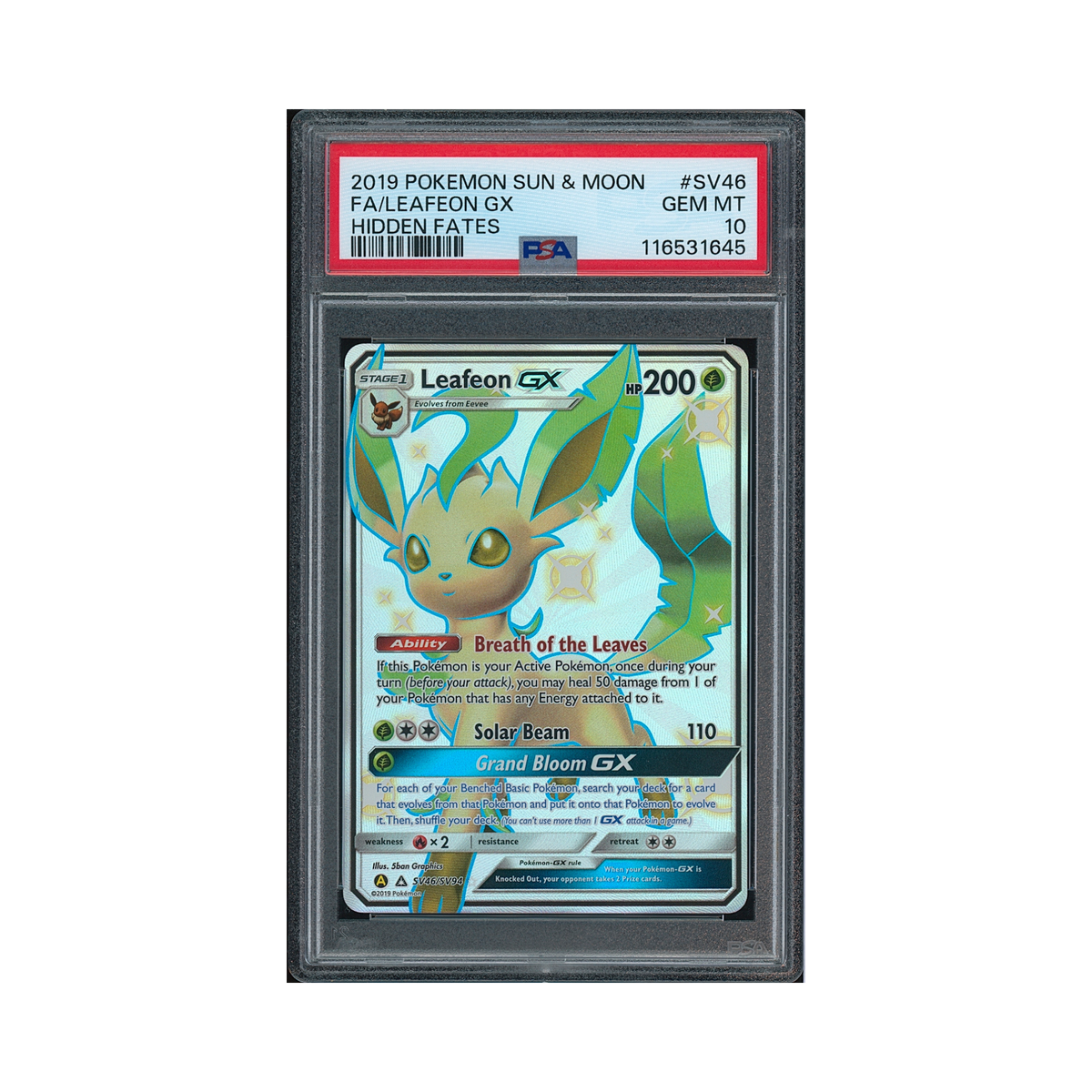 2019 Pokemon Sun & Moon Hidden Fates Leafeon GX #SV46 PSA 10