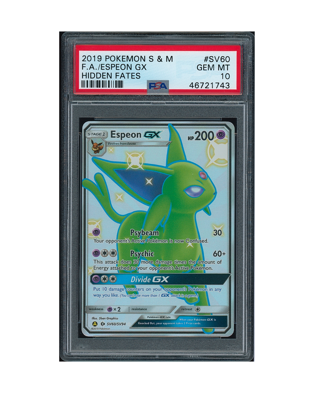 2019 Pokemon Sun & Moon Hidden Fates Espeon GX #SV60 PSA 10