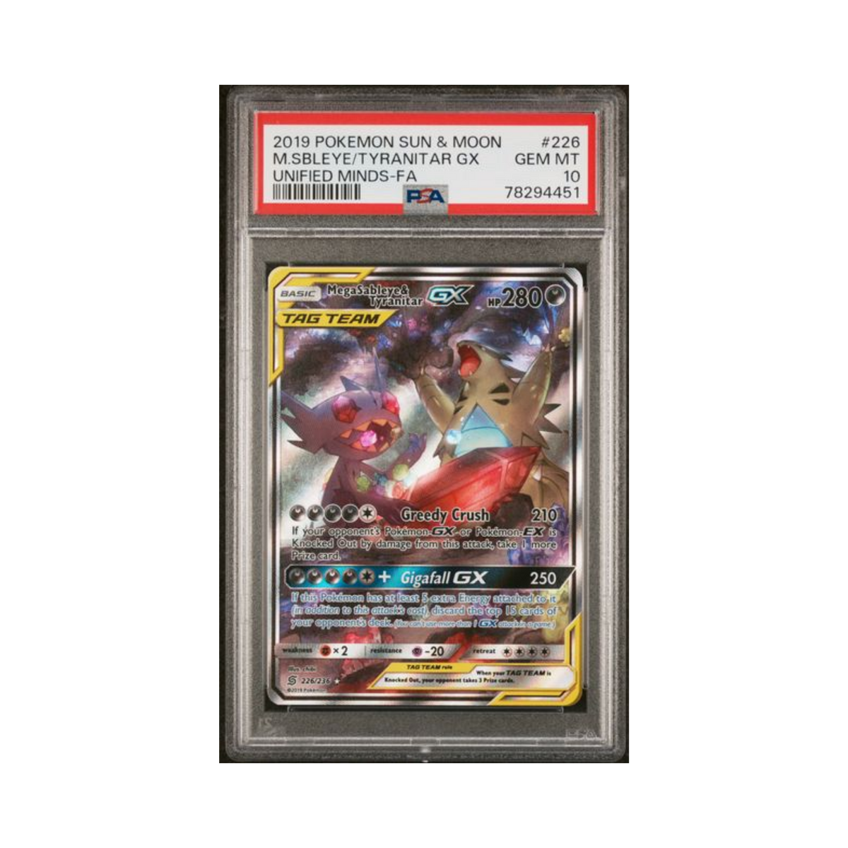 2019 Pokemon Unified Minds Mega Sableye & Tyranitar-GX #226 PSA 9