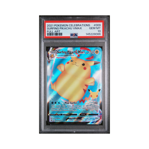 2021 Pokemon Celebrations Surfing Pikachu VMAX #9 PSA 10 – Common Lands