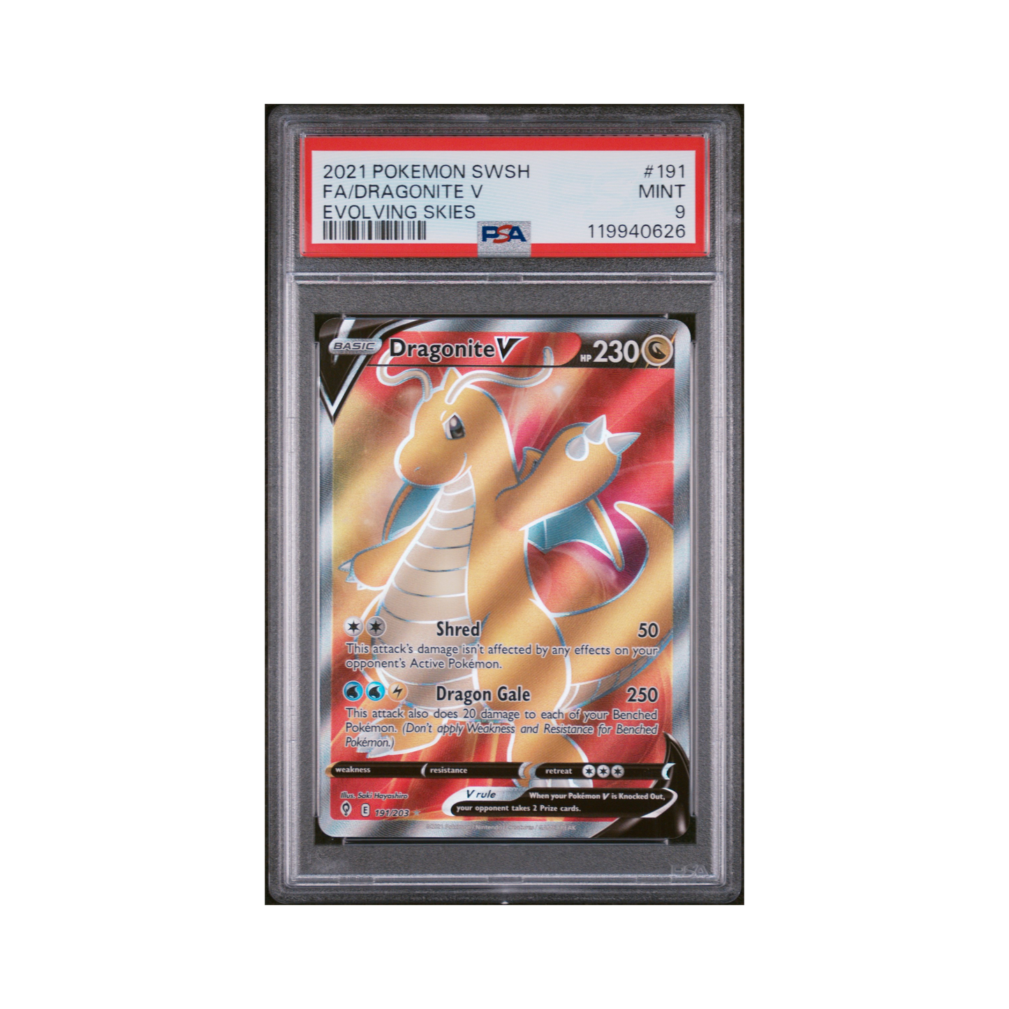 2021 Pokemon Sword & Shield Evolving Skies Dragonite V #191 PSA 9