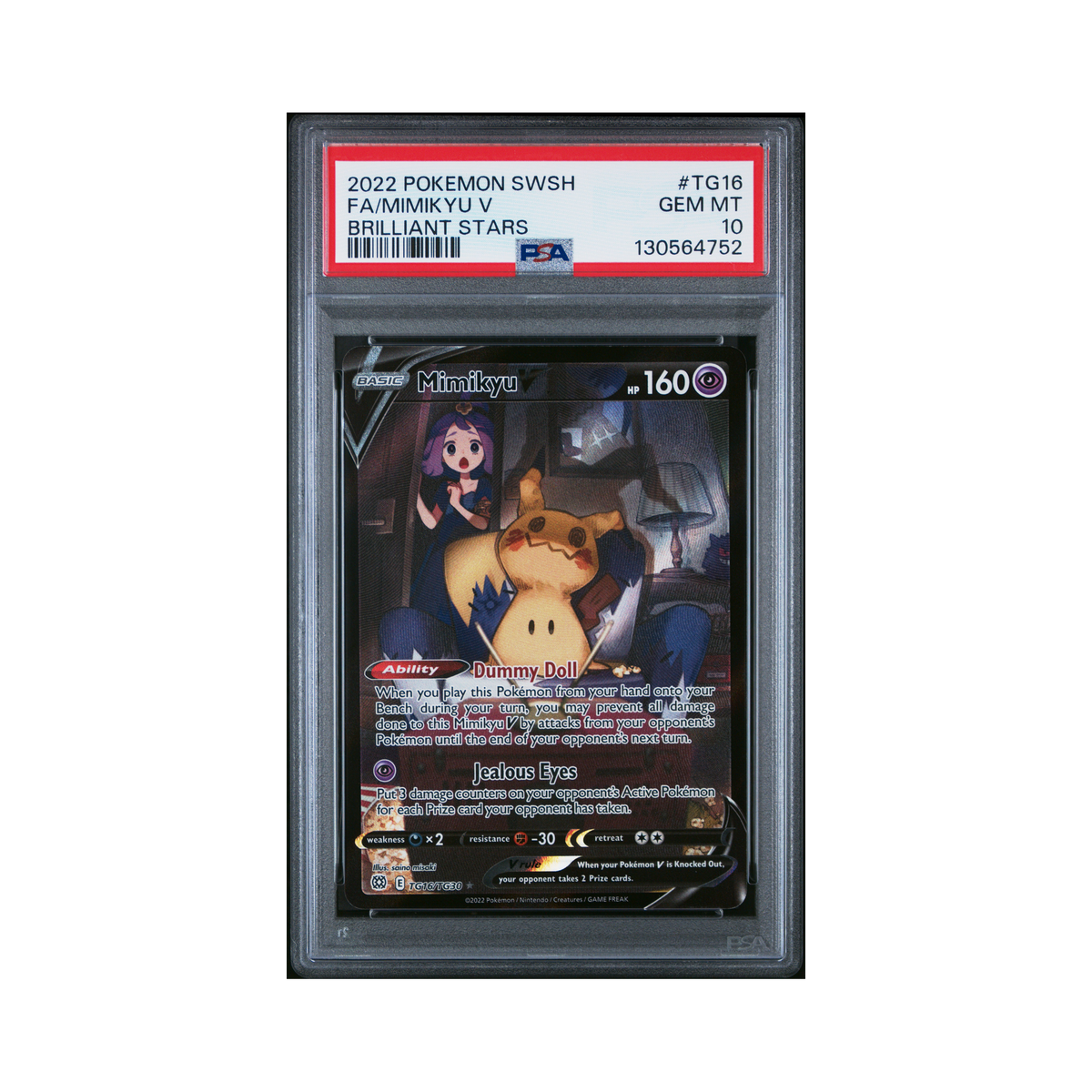 2022 Pokemon Sword & Shield Brilliant Stars Mimikyu V #TG16 PSA 10