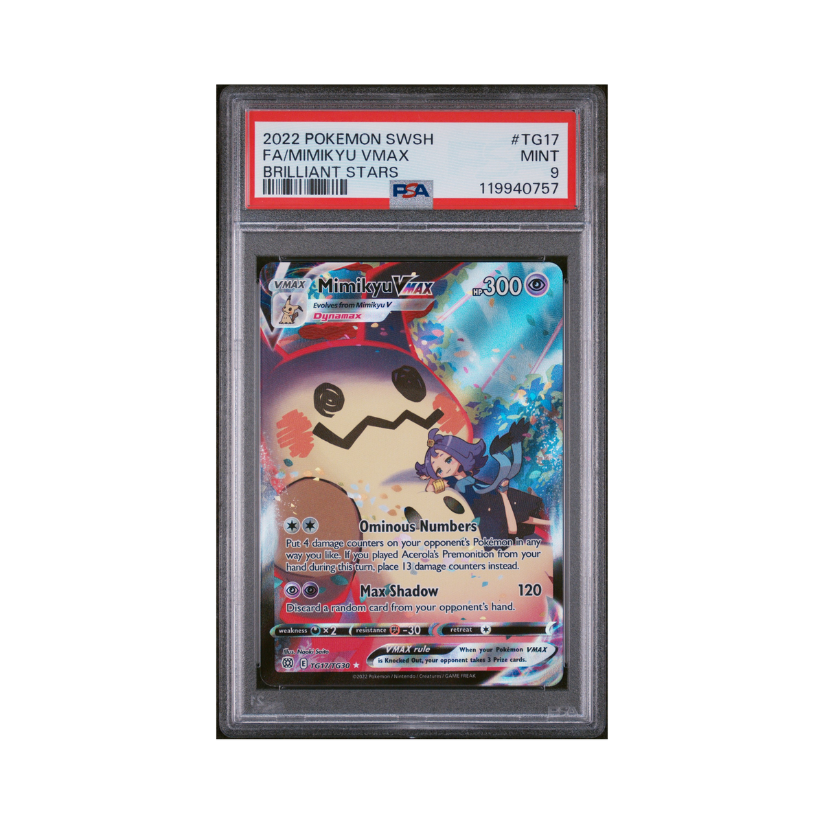 2022 Pokemon Sword & Shield Brilliant Stars Mimikyu VMAX #TG17 PSA 9