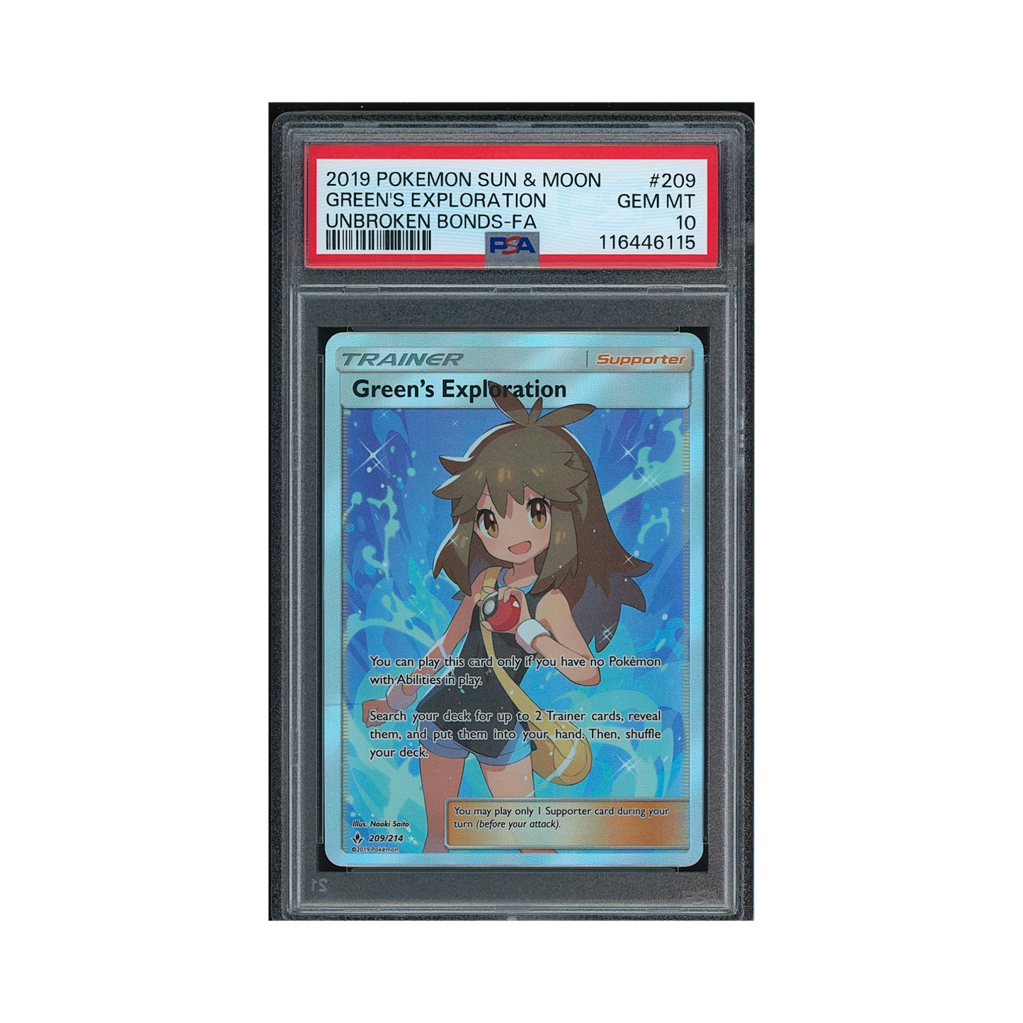 2019 Pokemon Sun & Moon Unbroken Bonds Green's Exploration #209 PSA 10