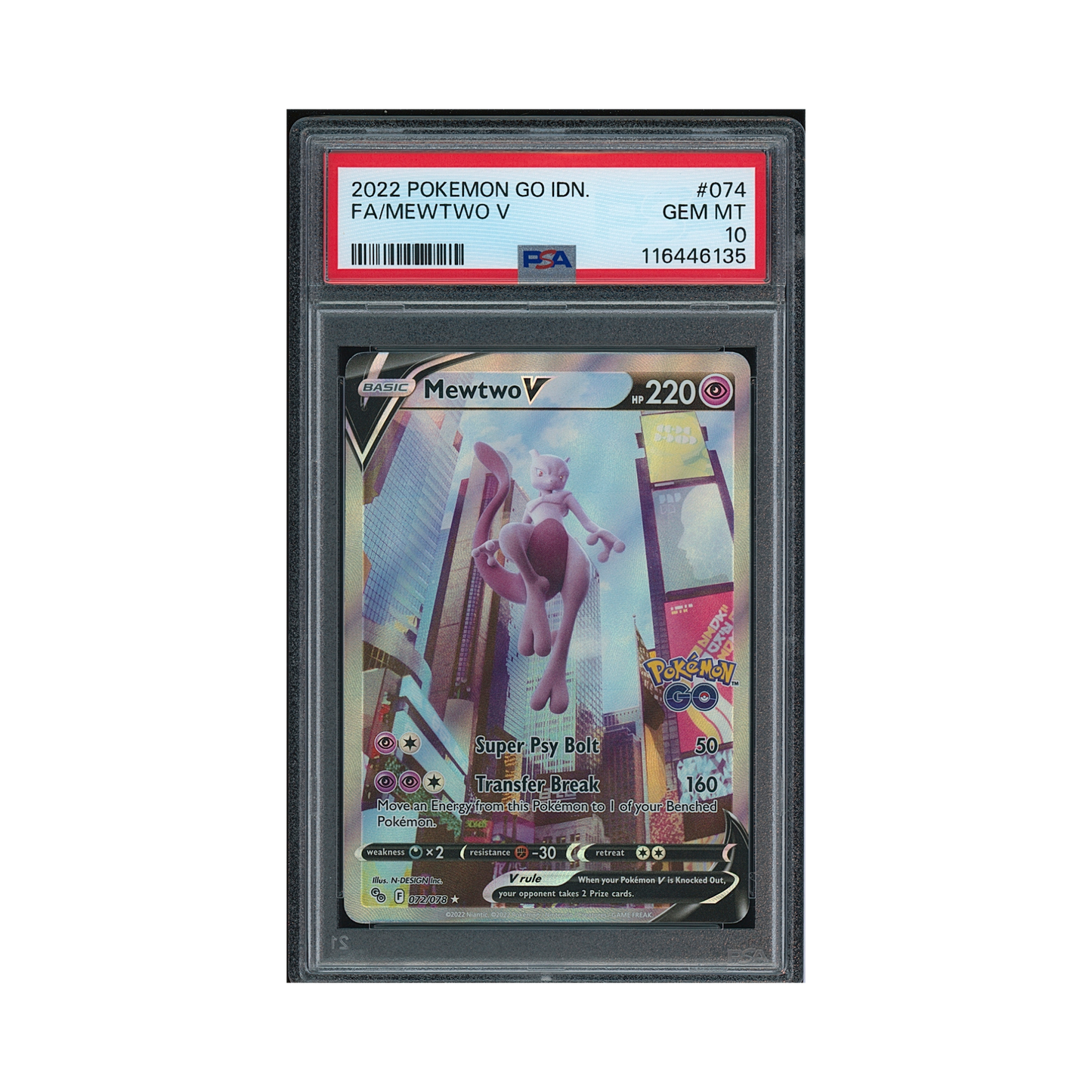 2022 Pokemon Go Mewtwo V #072 PSA 10 (Misslabel)