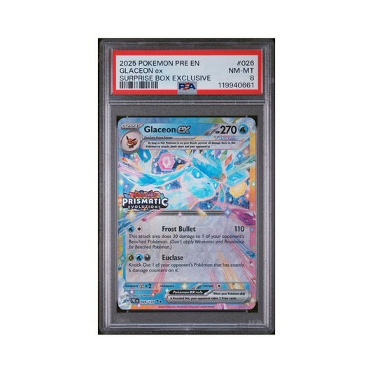 2025 Pokemon Prismatic Evolutions Glaceon Surprise Box EX #026 PSA 8