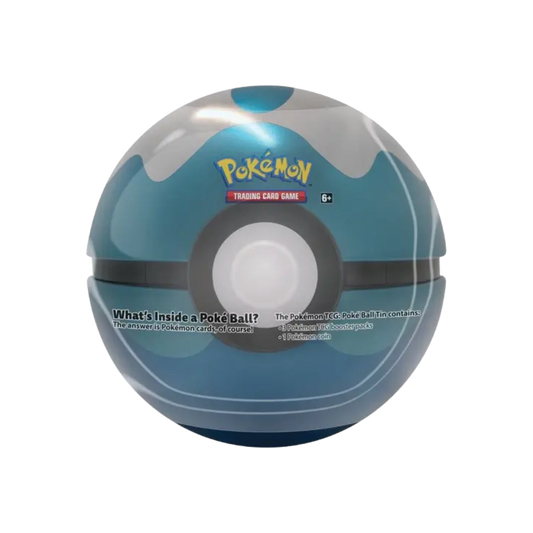 Sealed Pokémon aluminum Poké Ball Tin with 3 random booster packs and 1 collectible coin in premium metal Poké Ball container