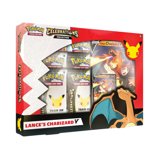 Sealed Pokémon Celebrations Lance’s Charizard V Collection Box with promo card, jumbo card, 4 Celebrations packs, and 2 additional booster packs