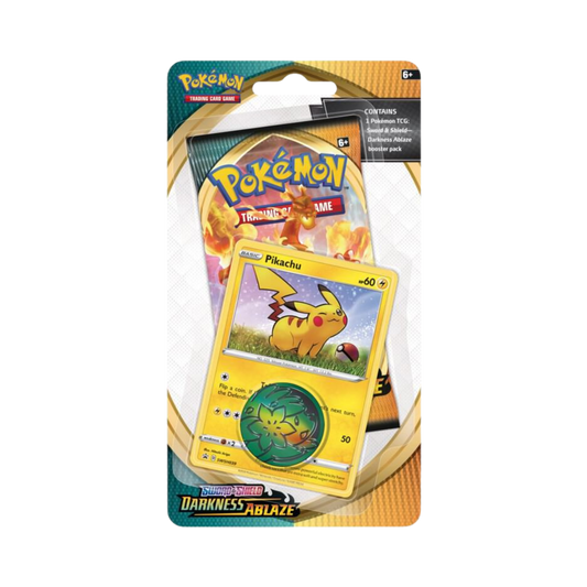 Sealed Pokémon Darkness Ablaze Single Pack Blister with Pikachu promo card, booster pack, and collectible coin