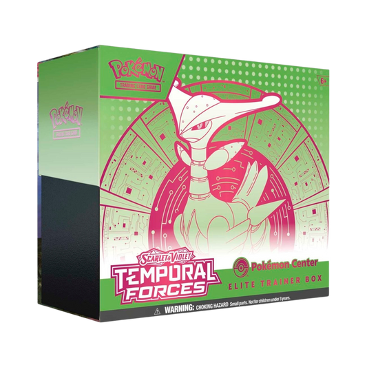 Sealed Pokémon Temporal Forces Pokémon Center Elite Trainer Box with Iron Thorns promo cards, 11 booster packs, Iron Leaves sleeves, and accessories
