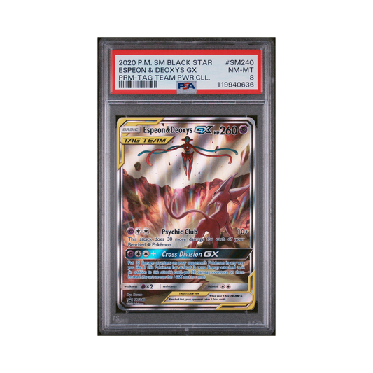 2020 Pokemon SM Black Star Promo Espeon & Deoxys GX #SM240 PSA 8