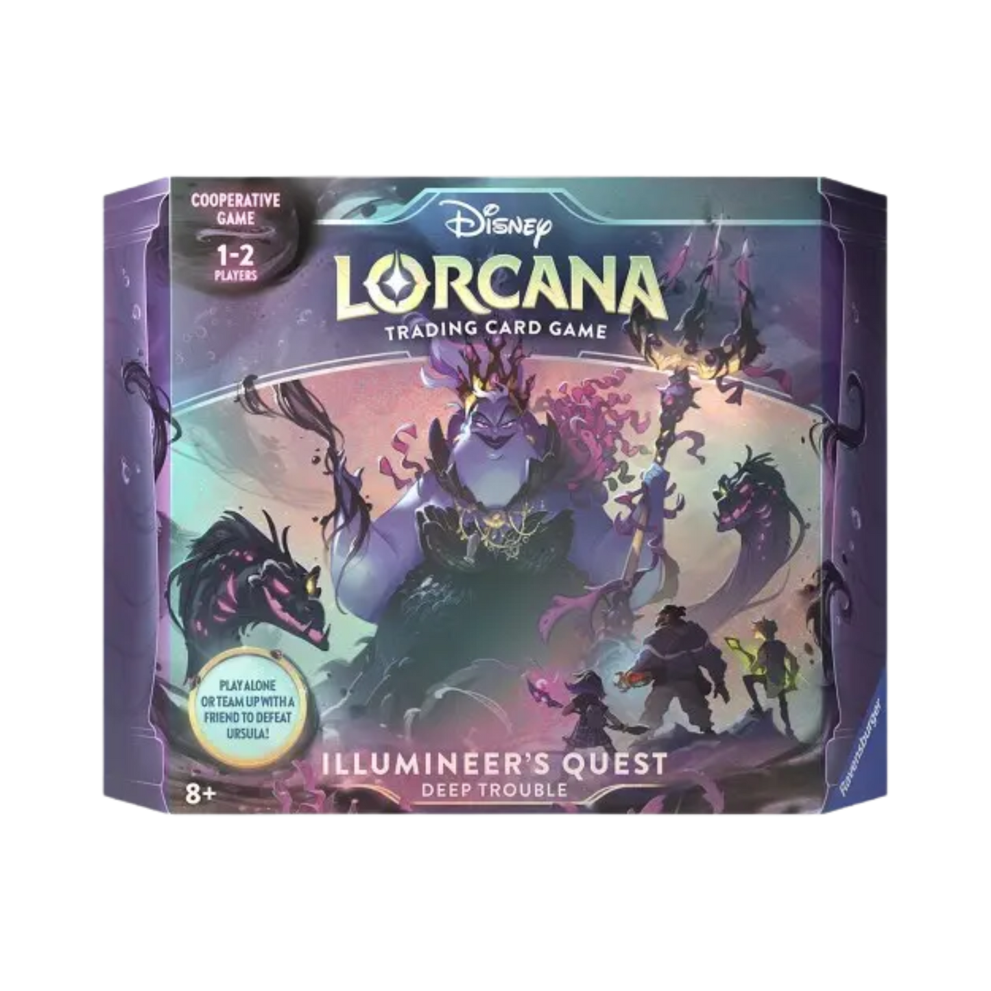 Sealed Disney Lorcana Illumineer’s Quest: Deep Trouble box with scenario deck, booster packs, player decks, and themed components
