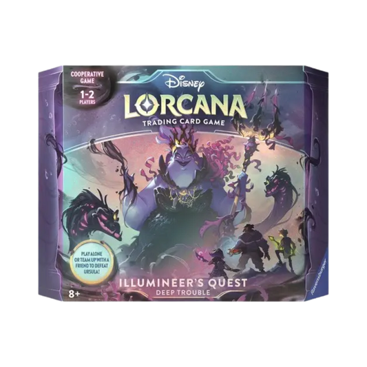 Sealed Disney Lorcana Illumineer’s Quest: Deep Trouble box with scenario deck, booster packs, player decks, and themed components