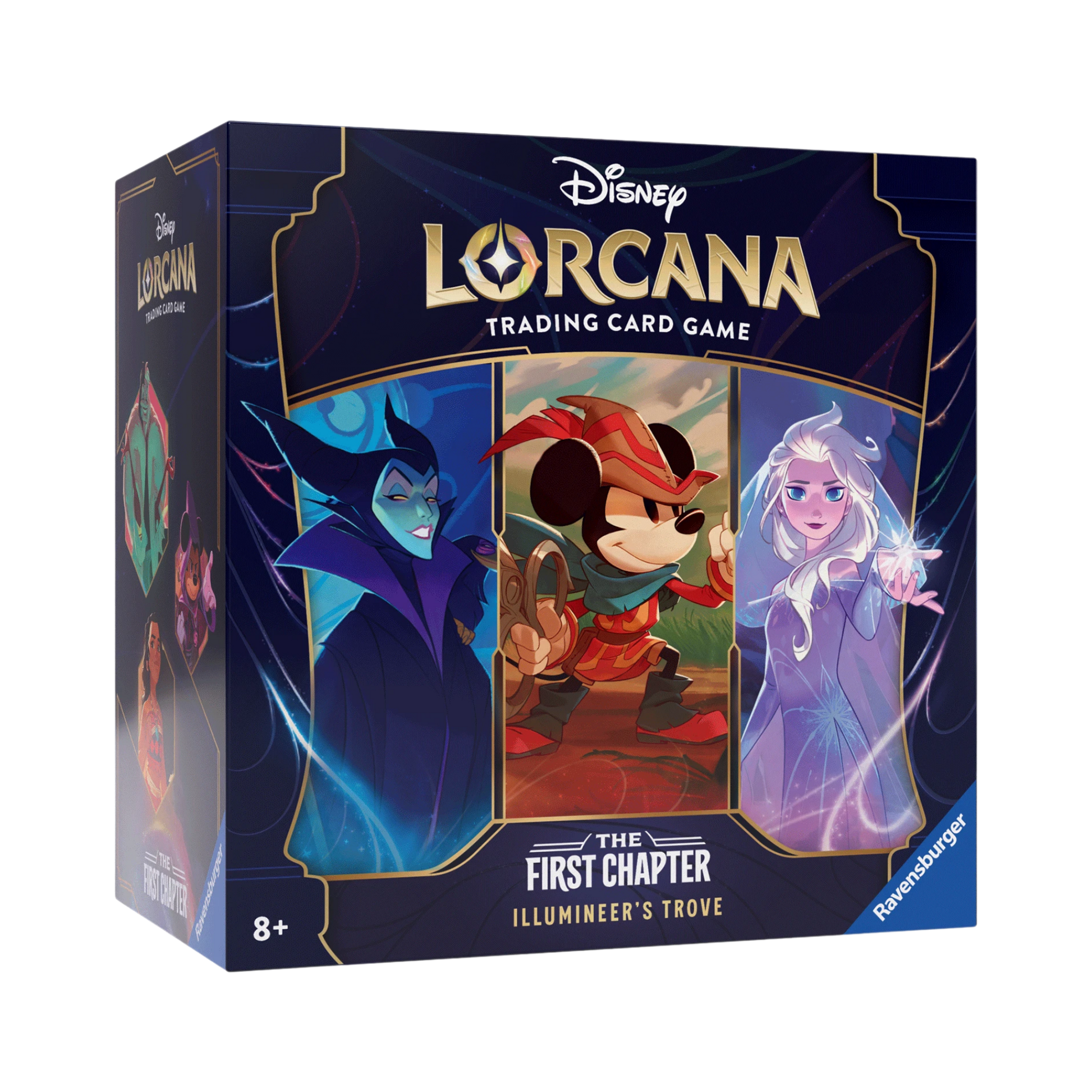 Sealed Disney Lorcana The First Chapter Illumineer’s Trove with 8 booster packs, promo card, deck boxes, tokens, and lore tracker in collector’s box
