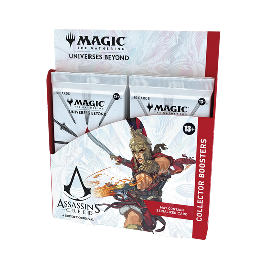 "Sealed Magic: The Gathering Assassin's Creed Collector Booster Box with 12 premium packs featuring crossover cards and exclusive foil treatments