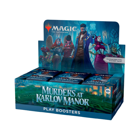Sealed Magic: The Gathering Murders at Karlov Manor Play Booster Box with 36 packs featuring Ravnica-themed mystery cards and mechanics