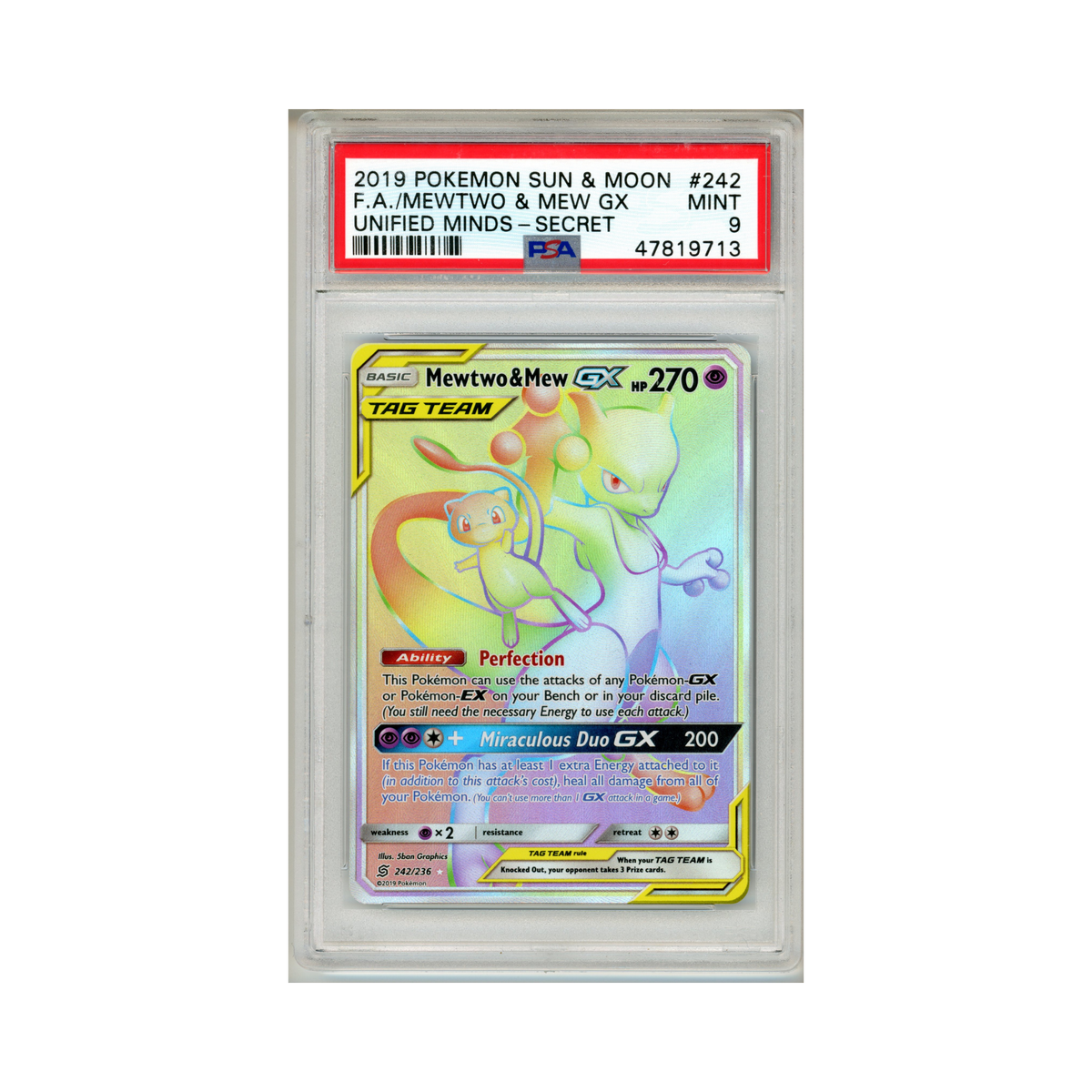 2019 Pokemon Unified Minds Mewtwo & Mew-GX #242 PSA 9