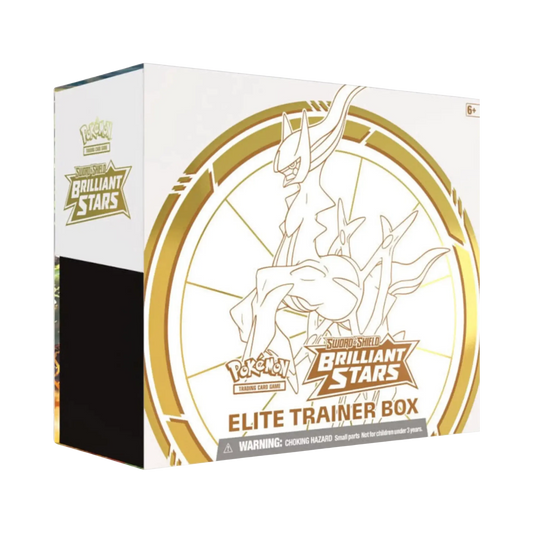 Sealed Pokémon Brilliant Stars Elite Trainer Box with Arceus sleeves, 8 booster packs, Energy cards, dice, and accessories