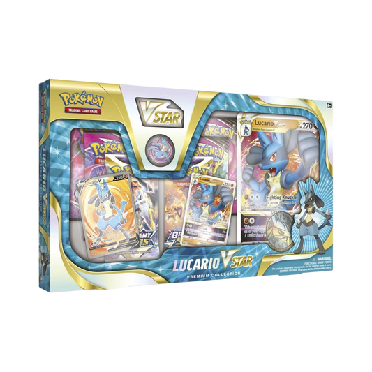 Sealed Pokémon Lucario VSTAR Premium Collection with etched foil promo cards, jumbo card, booster packs, enamel pin, and VSTAR marker