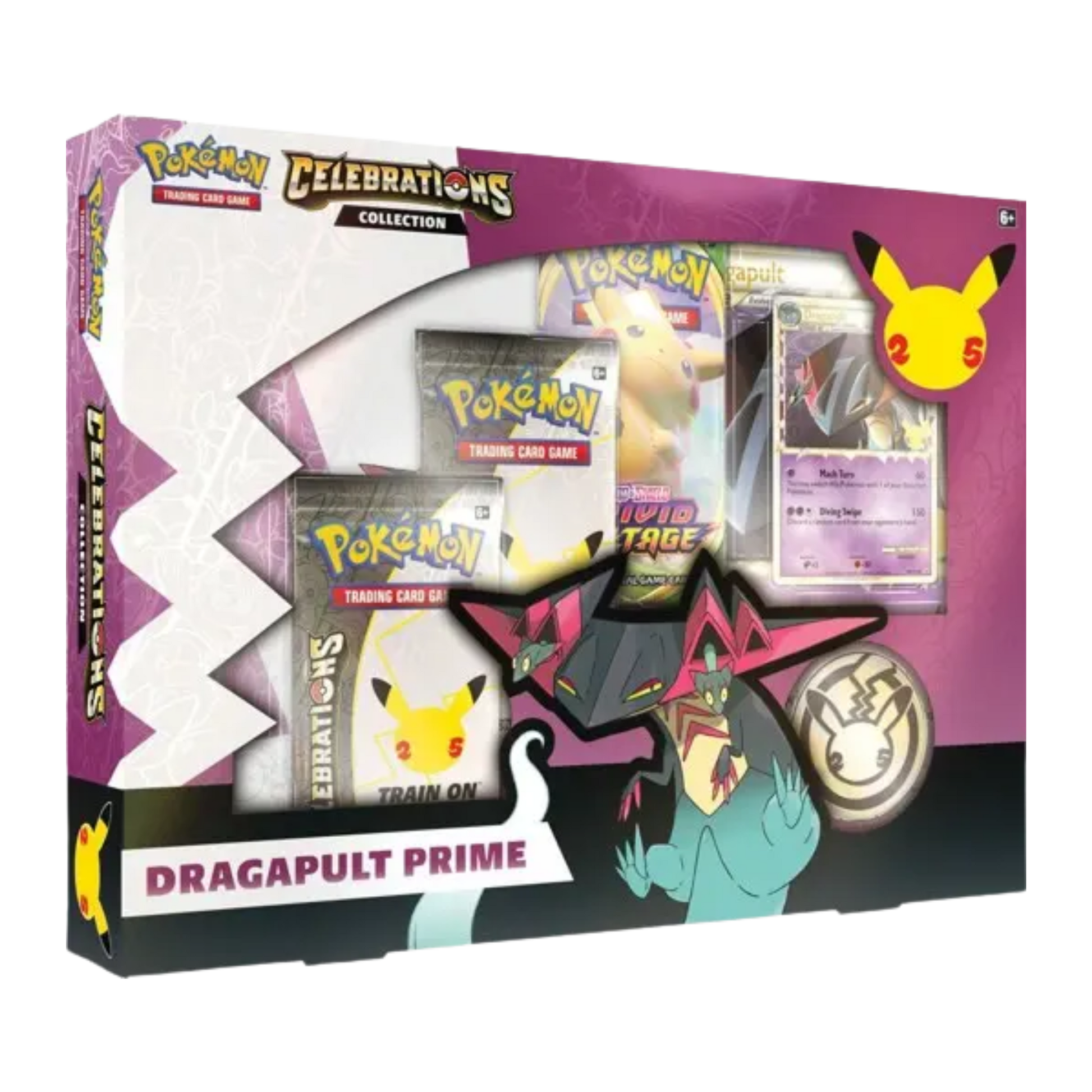 Sealed Pokémon Celebrations Dragapult Prime Collection Box with promo card, oversized card, 2 Celebrations packs, binder, and coin