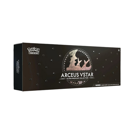 Sealed Pokémon Arceus VSTAR Ultra-Premium Collection with metal Arceus V and VSTAR cards, playmat, 15 booster packs, dice, and collector items
