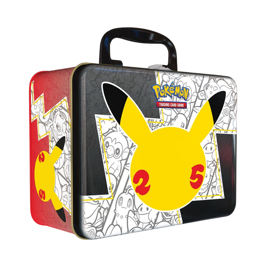 Sealed Pokémon Celebrations Collector Chest with 3 foil promo cards, booster packs, stickers, notepad, and collectible 25th anniversary tin