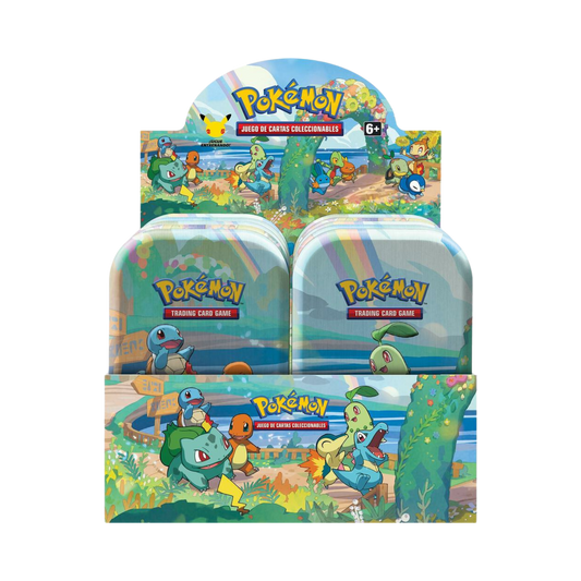 Sealed Pokémon Celebrations Mini Tin set with all 8 tins, each containing booster packs, coin, and collectible art card