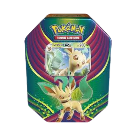Sealed Pokémon Leafeon GX Tin with promo card, 4 booster packs, and online code card in Eeveelution-themed collectible tin