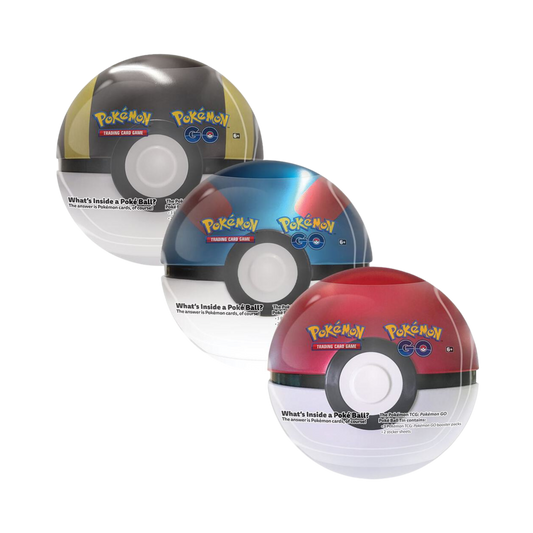 Bundle of 3 sealed Pokémon GO Poké Ball Tins, each containing 3 booster packs and 2 sticker sheets in collectible Poké Ball packaging
